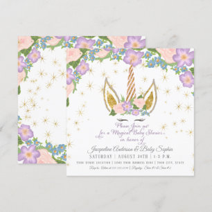 Invitation Magie Stars Baby Girl Douche Unicorn Horn Floral