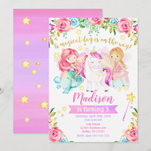 Invitation magique Anniversaire Unicorn Fairy Merm
