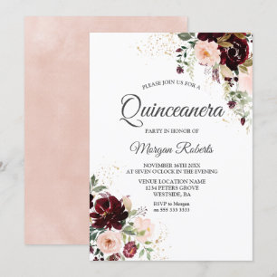 Invitation Magique Bourgogne Blush Vin Rouge Floral Quinceane