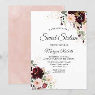 Invitation Magique Bourgogne Blush Vin Rouge Floral Sweet 16
