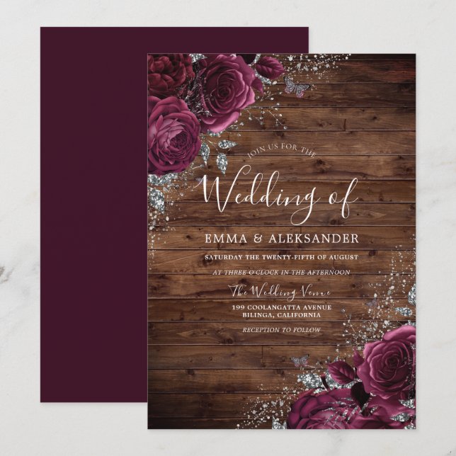 Invitation Magique Bourgogne Rose Rustic Wood Mariage (Devant / Derrière)