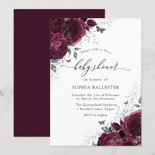Invitation Magique Bourgogne Roses Argent Elégant Baby shower
