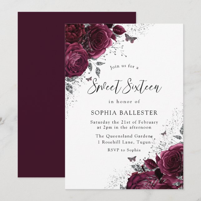 Invitation Magique Bourgogne Roses Argent Élégant Sweet 16 (Devant / Derrière)