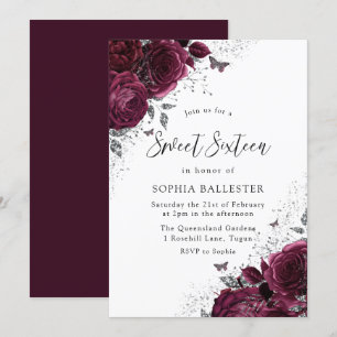 Invitation Magique Bourgogne Roses Argent Élégant Sweet 16