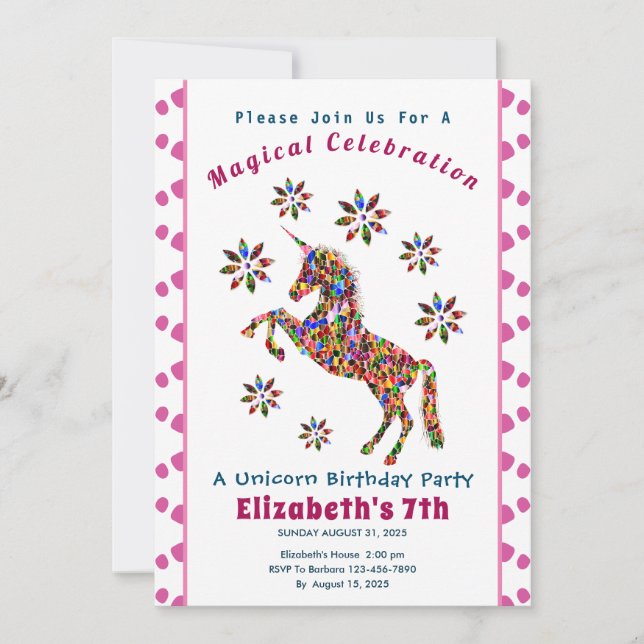 Invitation Magique Cute Unicorn Parties scintillant Anniversa (Devant)