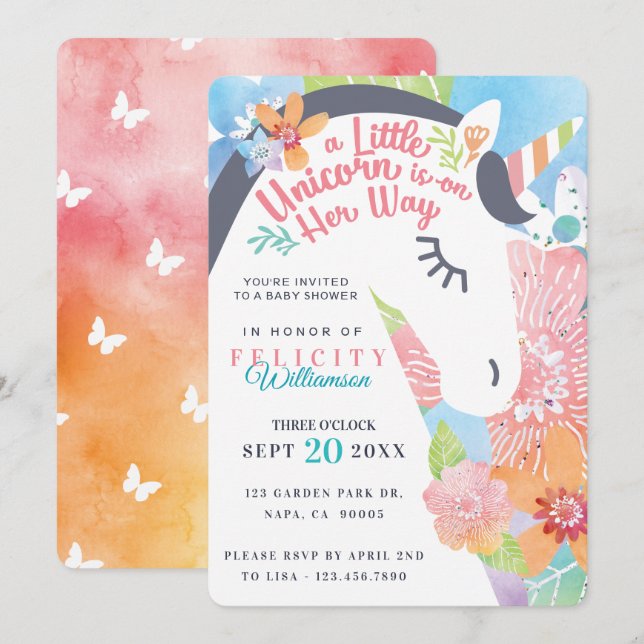 Invitation Magique Floral Unicorn bébé fille douche Invitatio (Devant / Derrière)