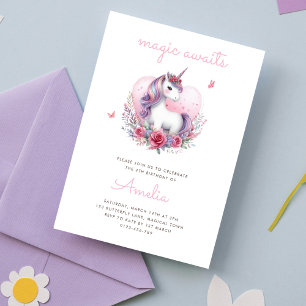 Invitation Magique Floral Unicorn Girlie fête d'anniversaire