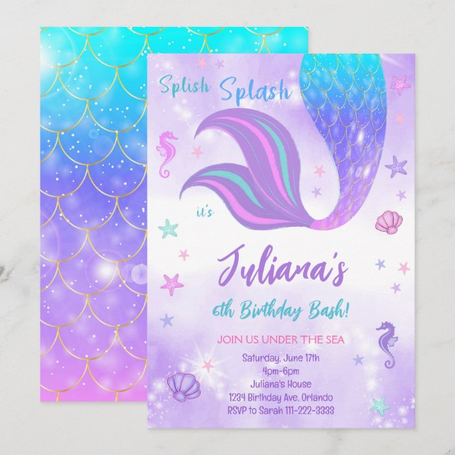 Invitation Magique Gold Purple Mermaid Queue Anniversaire Inv (Devant / Derrière)