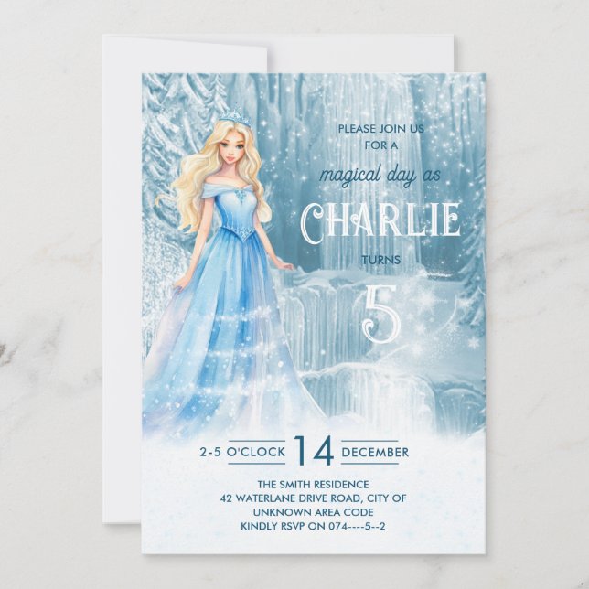Invitation Magique hiver gelé neige princesse Anniversaire de (Devant)
