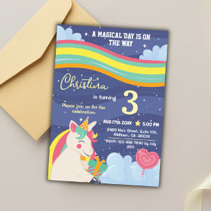 Invitation Magique moderne unicorne arc-en-ciel étoiles 3e an