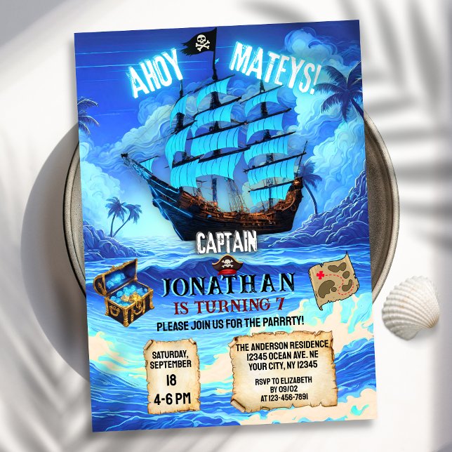 Invitation Magique Neon Blue Llow Pirate Ship Ahoy Anniversai (Créateur téléchargé)