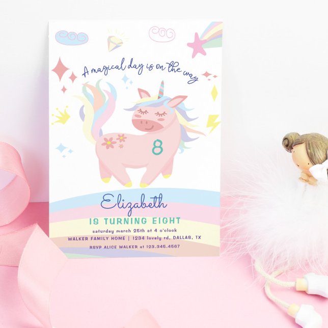 Invitation Magique Pastel Rainbow Cute Unicorn Anniversaire (Créateur téléchargé)
