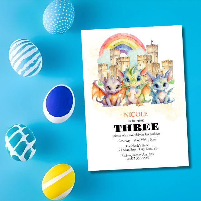 Invitation Magique Rainbow Castle Cute Baby Dragons Anniversa (Créateur téléchargé)