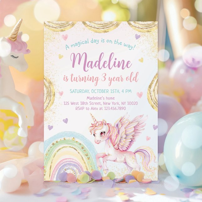 Invitation Magique Rainbow Unicorn rose or fête d'anniversair (Créateur téléchargé)