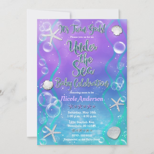 Invitation Magique sous le Baby shower Sea Purple Twins (Devant)