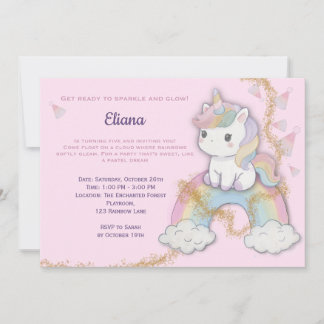 Invitation Magique Unicorn 5e anniversaire Pastel Rainbow