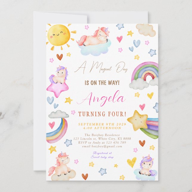 Invitation Magique Unicorn aquarelle Rainbow fête d'anniversa (Devant)