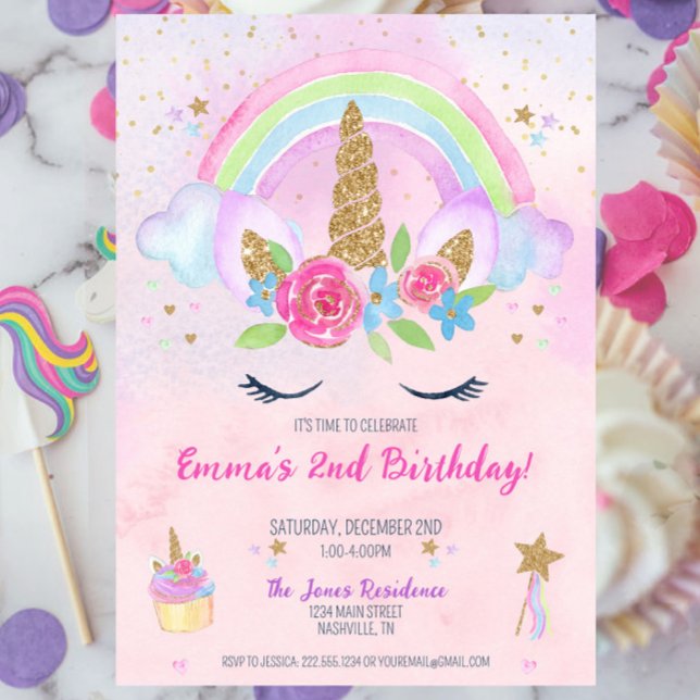 Invitation Magique Unicorn arc-en-ciel 2ème anniversaire Invi (Unicorn Rainbow 2nd Birthday Party Invitation, Pastel Unicorn Birthday Party for Girl, Girly)