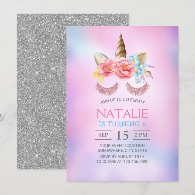 Invitation Magique Unicorn Dreamy Pink Blue Ombre Anniversair (Devant / Derrière)