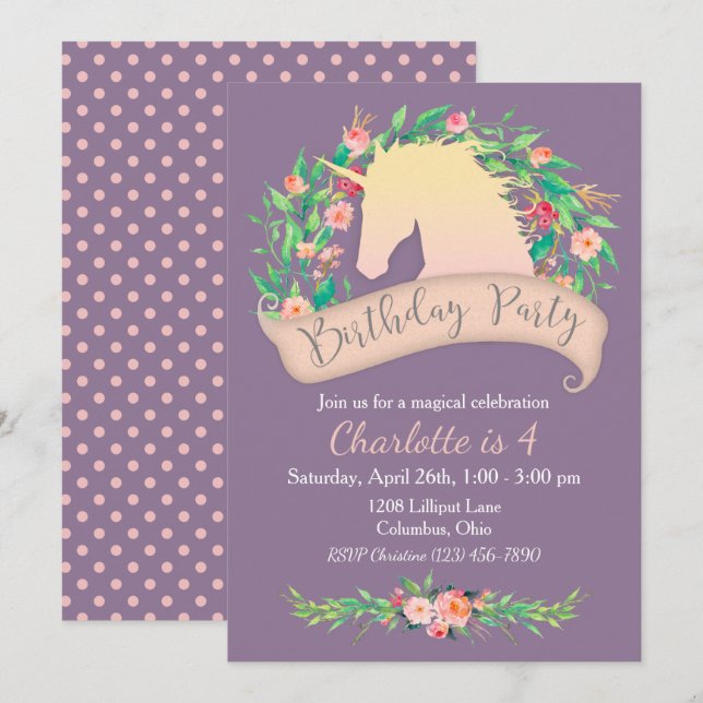 Invitation Magique Unicorn Floral fête d'anniversaire (Devant / Derrière)