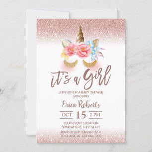 Invitation Magique Unicorn moderne Rose Baby shower Gold Girl