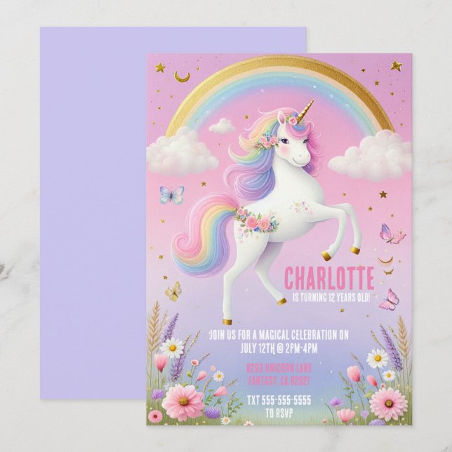 Invitation Magique Unicorn Rainbow Fairytale fête d'anniversa (Devant / Derrière)