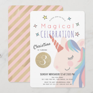 Invitation Magique Unicorn rose x Gold Girl Anniversaire