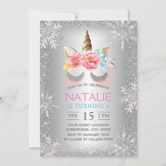 Invitation Magique Unicorn Silver Winter Snowflakes Anniversa (Devant)