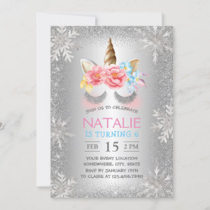 Invitation Magique Unicorn Silver Winter Snowflakes Anniversa