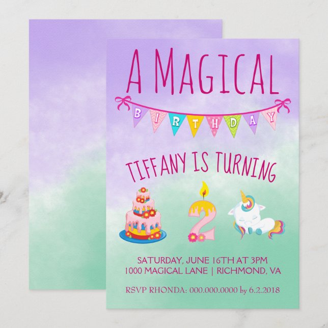 Invitation Magique Unicorne fête d'anniversaire de deux ans (Devant / Derrière)