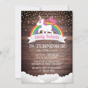 Invitation Magique Unicorne & Rainbow Gold Confetti Anniversa