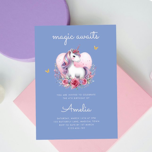 Invitation Magique Unicorne rose or élégant Anniversaire (Créateur téléchargé)