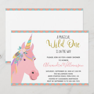 Invitation Magique Wild One Unicorn Baby shower d'or rose