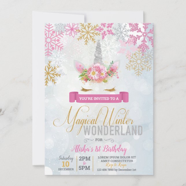Invitation Magique Winter Wonderland Unicorn Birthday Invitat (Devant)