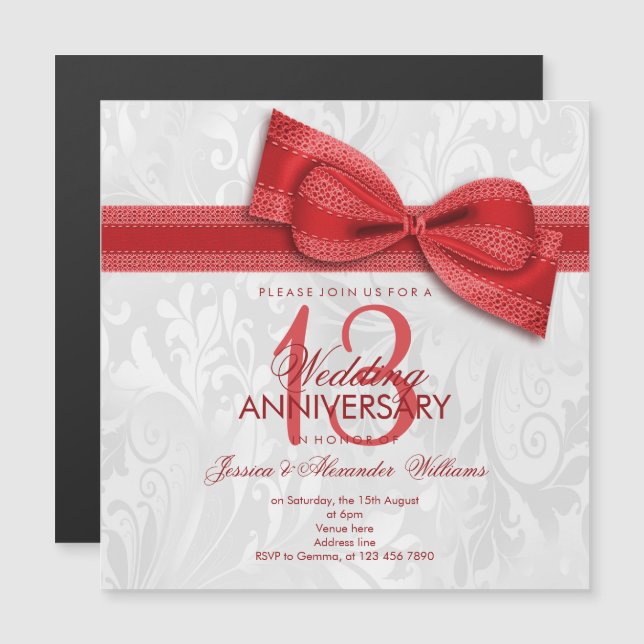 Invitation Magnétique 13e Anniversaire de Mariage en Dentelle Damassé et (Devant / Derrière)