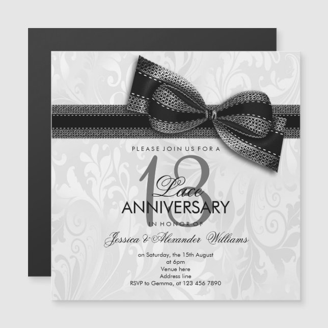 Invitation Magnétique 13e Anniversaire de Mariage en Dentelle Damassé et (Devant / Derrière)