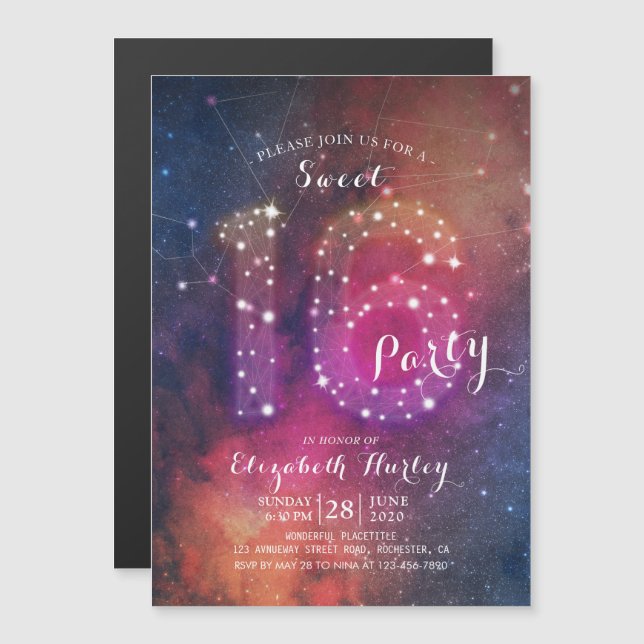 Invitation Magnétique 16e anniversaire fête Chic Galaxy Star Constellati (Devant / Derrière)
