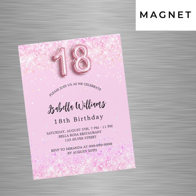 Invitation Magnétique 18e anniversaire confetti rose fille fête luxe (Créateur téléchargé)