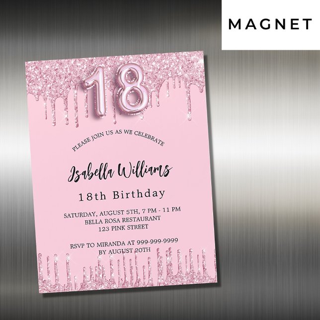Invitation Magnétique 18e anniversaire rose vif parties scintillant gout (Créateur téléchargé)