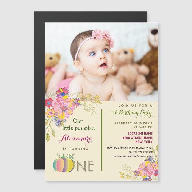 Invitation Magnétique 1er anniversaire fille Citrouille rose photo flora (Devant / Derrière)