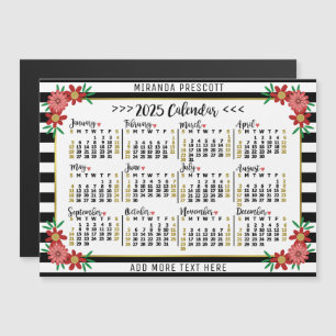 Invitation Magnétique 2025 Calendrier Préppy Floral Stripes Nom personna