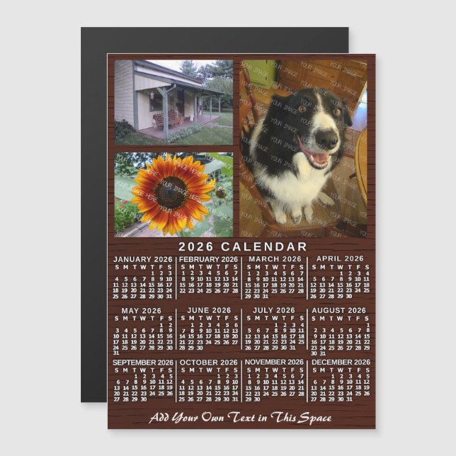Invitation Magnétique 2026 Calendar Year Wood Grain Custom 3 Photos (Devant / Derrière)