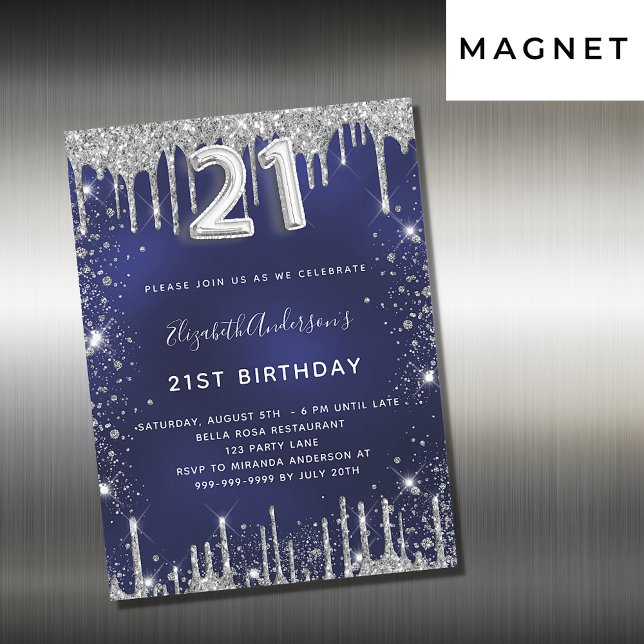 Invitation Magnétique 21e anniversaire marine bleu argent parties scinti (Créateur téléchargé)