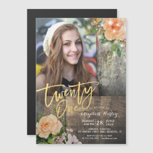 Invitation Magnétique 21e fête d'anniversaire Bois Floral Chaîne Lumière