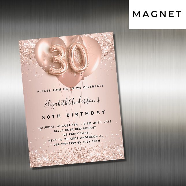 Invitation Magnétique 30e anniversaire rose ballons d'or luxueux (Créateur téléchargé)