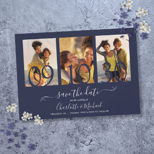 Invitation Magnétique 3 Photo Collage Marine Blue Wedding Enregistrer La