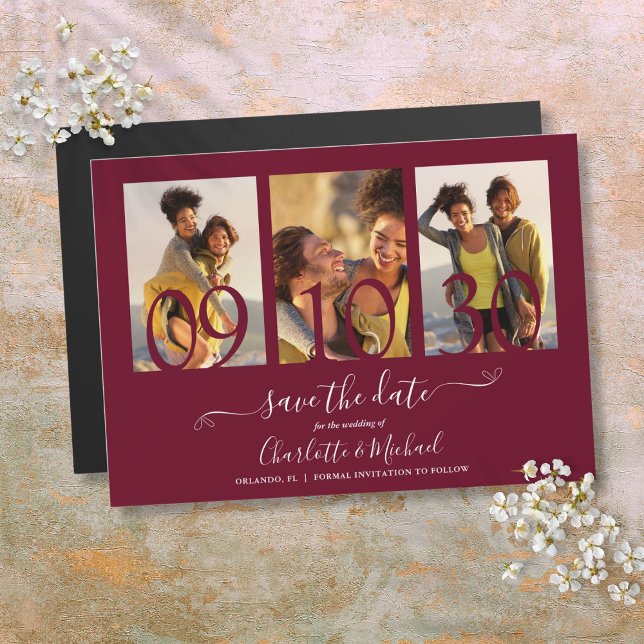 Invitation Magnétique 3 photos mariage collage save the date bordeaux (3 Photo Collage Wedding Save The Date Burgundy Magnetic Invitation)