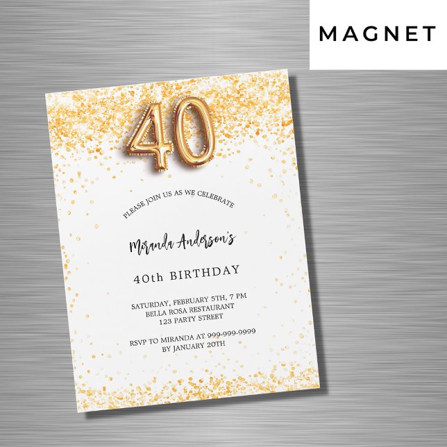 Invitation Magnétique 40e anniversaire blanc confetti élégant luxe (Créateur téléchargé)