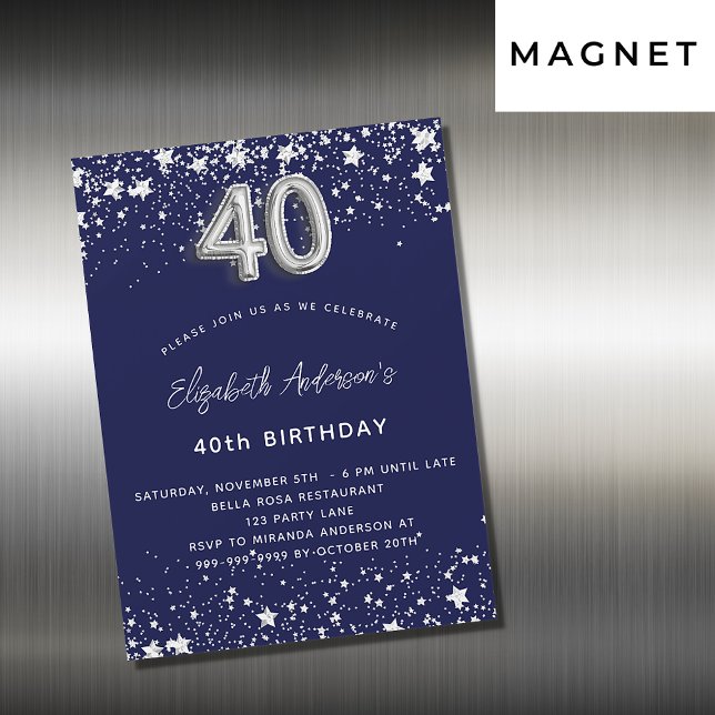 Invitation Magnétique 40e anniversaire marine bleu argent étoiles luxe (Créateur téléchargé)