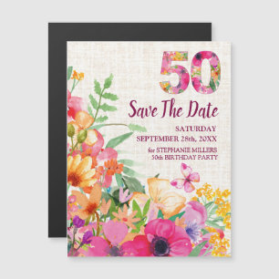 Invitation Magnétique 50 ans lin floral 50e anniversaire Enregistrer la 